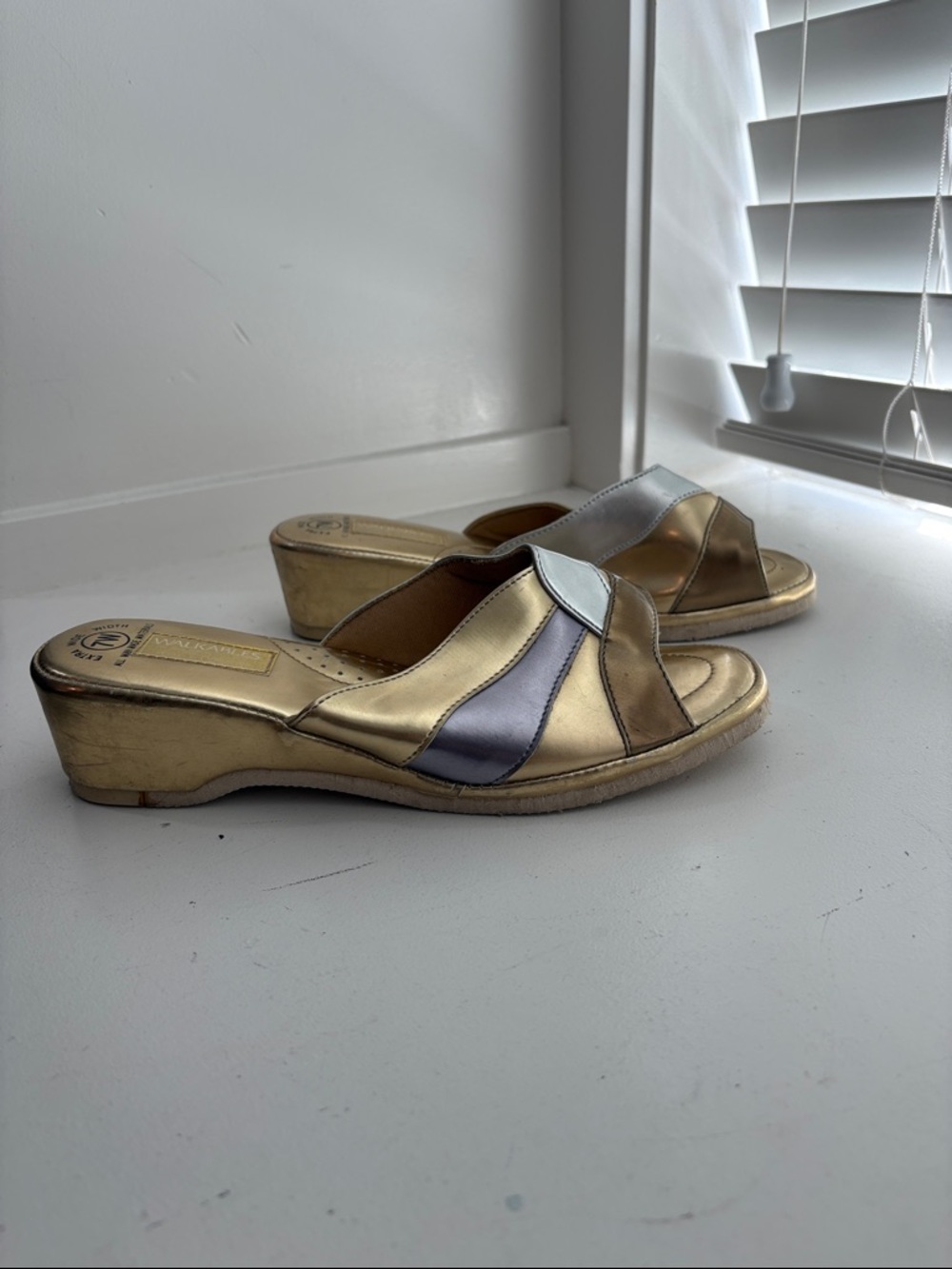 Gold Metallic Slide Wedge Mules with Accent Panels - Women
